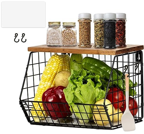 Hanging Fruit Basket, Kitchen Organiser, Fruit Bowl Hanging Basket Kitchen, Wall Fruit Basket with Wooden Lid, Fruit and Vegetable Basket for the Counter, Onion and Potato Snack Bread Holder (Small)