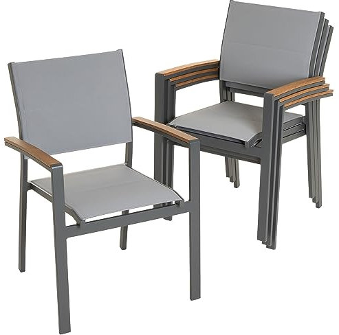 Nexos Trading Gartenstuhl Stapelsessel Stapelstuhl Balkonstuhl - Teslin-Gewebe Alu-Gestell stapelbar - Farbe: Rahmen grau/Bespannung hellgrau (4)