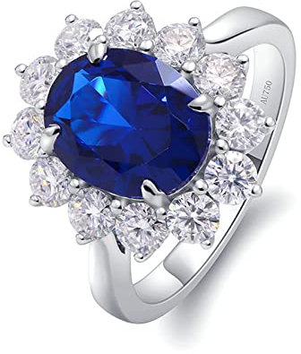 Lieson Eheringe für Frauen, Damen Ring Weißgold 585 14K Luxus Blumen Oval Erstellter Saphir 4ct mit Moissanit Freundschaftsringe Weißgold Große 48 (15.3)