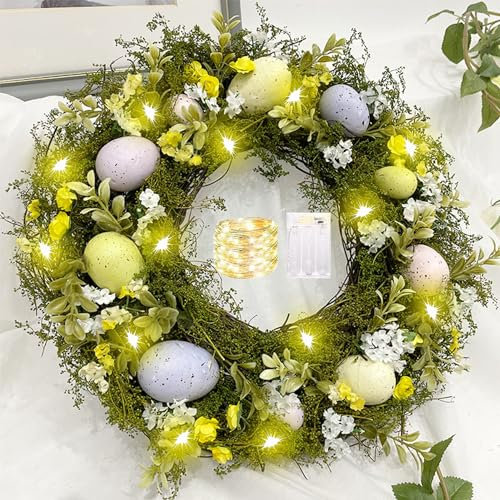 Easter Wreaths with LED String Lights,Easter Decorations - 40cm Artificial Easter Wreath for Front Door,Wall Hanging,Spring Wreath with Eggs for Easter Holiday Home Party Wall Decor
