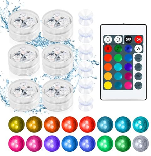 6 Pezzi Luci Piscina Impermeabile, 4 Modalità 16 Colori RGB, Cambiano Colore Luci Piscina, Luce Subacquea Piscina, IP68 Impermeabile, con Telecomando e 6 Ventose, per Acquario Laghetto Giardino Festa