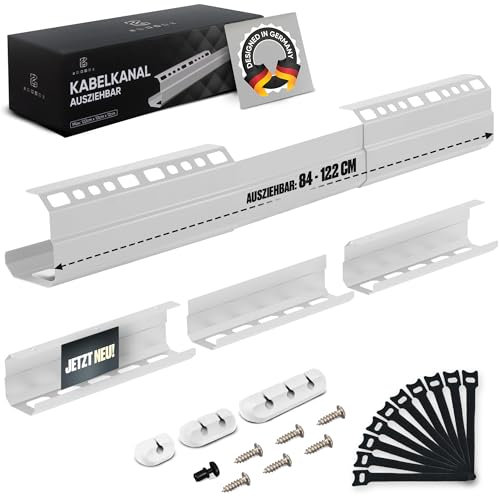Kabelkanal Schreibtisch - 84 bis 122 cm ausziehbare Kabelwanne weiß - Kabelmanagement Schreibtisch mit Gratis Zubehör - Einfache Montage - Belastbar bis 5 kg