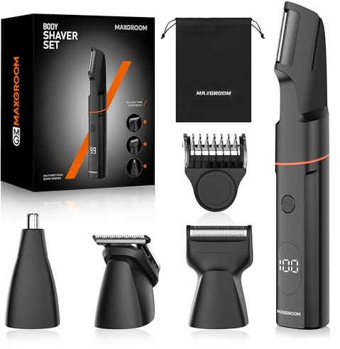 MAXGROOM Manscape Body Hair Trimmer for Men, Waterproof Pubic, Groin & Ball Shaver, No-Nick Mens Electric Grooming Kit with LED Display, USB Rechargeable, Adjustable Guide Comb