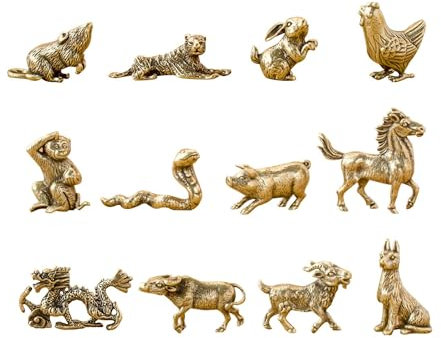 Ensemble de 12 Figurines du Zodiaque Chinois, Cadeaux Rétro, Figurine en Laiton pour Table, Maison, Chambre à Coucher