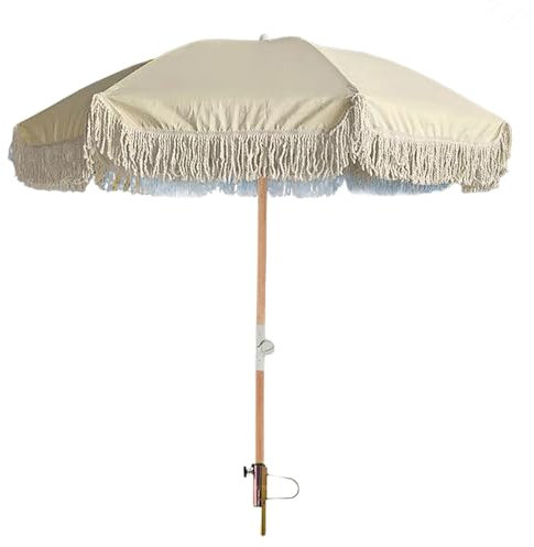 Ombrellone da Giardino Inclinabile con Frange da 200 cm e Meccanismo, Protezione UV50+ Ombrellone da Spiaggia Boho per Esterni con Palo in Legno, Ancoraggio in Sabbia, Poliestere 180 gr/m²