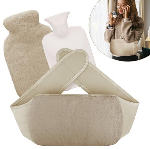 Starvortex Fluffy Hot Water Bottle 3in1, Wearable Waist Bottle Belt, Cozy Cover with Hand Pocket for Back Leg Neck Knee (Brown)