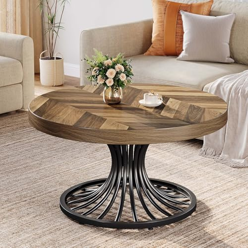 Tribesigns Runder Couchtisch aus Holz, 79 cm, runde Kaffeetische im Farmhouse-Stil mit stilvollem Metallsockel, Kleiner Mitteltisch für das Wohnzimmer, rustikales Braun, Schwarz