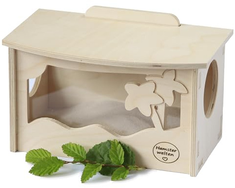 Hamsterwelten Hamster-und Mäuse Badehaus Tropical Spa - Sandbad aus Holz mit abnehmbarem Deckel und Abnehmbarer Scheibe