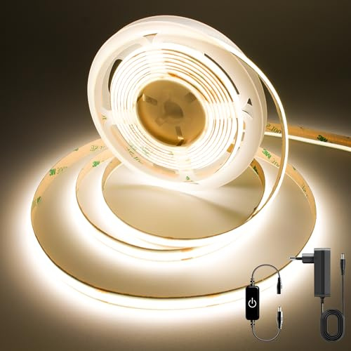 FUIQI COB LED Streifen 3m,Neutralweiß 4000K 24V COB LED Band Mit Adapter,Touch Dimmbar Lichtband LED,320LED/M,CRI>90,8mmbreit, geeignet für Schlafzimmer,Küchen,Schränke