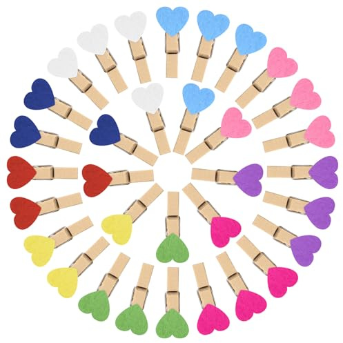 Vicloon 90 Stück Holzklammern, 3.5cm Mini Bunte Herzklammern | Wäscheklammern Klein, Nachhaltige Deko Klammern, Holzwäscheklammern für Fotos Bilder Collagen Postkarten Geschenke