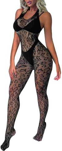 Buitifo Lingerie da donna, calza leopardata, body a rete, tuta intera per rave(Nero4,taglia unica)