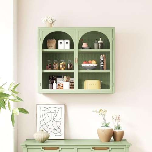 Merax Vitrina colgante de cristal, armario colgante, 2 puertas de cristal, patrón de tejido, para comedor, cocina, salón, oficina, baño, entrada, verde/70 x 23 x 60 cm