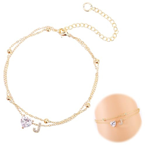 Mikovivi Tobilleras para Mujer, Ajustable Diseño Corazón con Letras Resistente Agua Dorada Pulsera Tobillera Mujer Inicial Ideal para Playa Verano Cadena Letras en Capas Decoración y Regalo