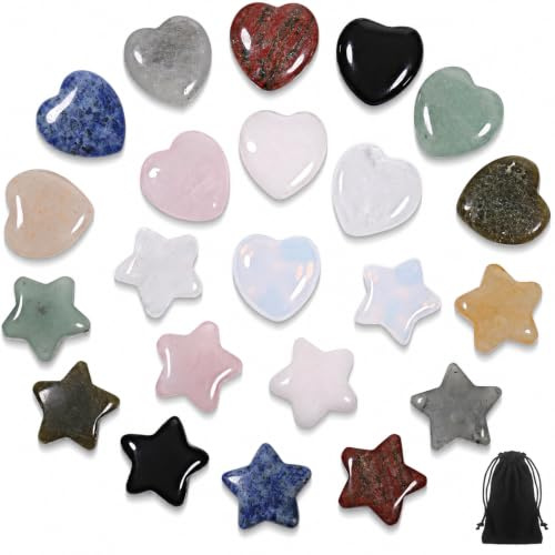Huiguli 22 Stück Kristalle Steine Stern und Herz Edelsteine Set, Natürliche farbige Kristallsteine für Meditation, Chakra, Reiki, Energieausgleich, Balancing, Valentinstag