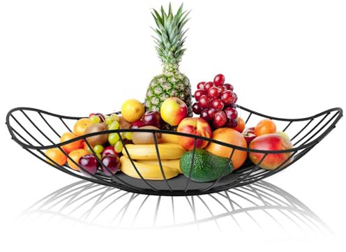 Rynvarl Cesta de Frutas de Metal Negro – Diseño en Forma de Hoja para Frutas, Pan, Decoración – Cesta Decorativa Transpirable para Cocina, Comedor, Sala de Estar