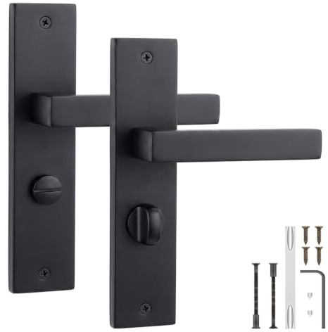 Decoranddecor Lumina Matt Black Bathroom Door Handles Set with Thumb Turn | Matte black bathroom door handle set, thumb turn privacy backplate lever for interior WC and toilet doors, no lock