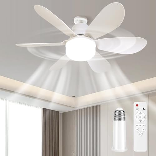 VIMAZ 52CM Ceilings Fans with Light and Remote Control, E27 40W LED Ceiling Fan, 3 Color 3 Speeds Timing Dimmable Light Ceiling Silent- Perfect for Bedroom Home Office(White)