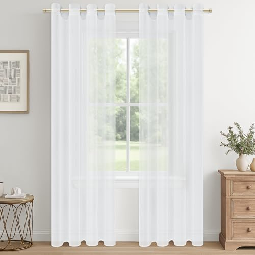 CUTEWIND Weiße Vorhänge mit Ösen Transparent Schlafzimmer 2er Set, Vorhang Durchsichtig 235 cm Lang, Voile Gardinen Ösenschal Weiss Wohnzimmer 140 cm Breit, Curtains Living Room