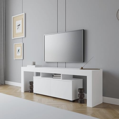 Smart Home Art Bronny TV Lowboard 180 cm Weiß – 2-türiges Sideboard mit offenen Fächern für bis zu 65 Zoll Fernseher