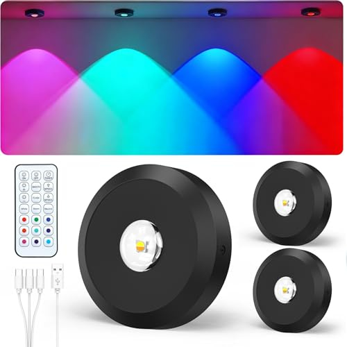 JVURICE Spot Sans Fil Puck Light Petits Spots Lumineux Lampe Lumic Reglette Led Sans Fil 180H RGB Dimmable Rechargeable Minuterie Telecommande Rond Lumiere Pour Cuisine,Armoire,Vitrine