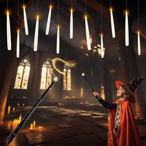12 Pcs Floating Candles with Wand, Floating Candles with Wand Remote, LED Taper Candle, Hanging Candle, Flickering Warm Light Flameless Floating LED Candle, for Christmas Decorations Best Gift