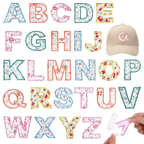 LIQWEI 26 Stück Bestickte Alphabet Patch, Blumen Buchstaben Zum Aufbügeln A-Z Gestickte Applique Aufnäher Alphabet Stoffaufnäher Für Kleidung Stoff Schuhe Taschen