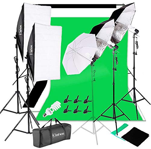 Bonnlo 45W Fotostudio Set, Rechteckige Softbox mit Weißem & Schwarzem Silber Regenschirm, 4 Lampen, 2 x 3 m Hintergrundständer, für Fotografie & Videoaufnahmen, mit Tragetasche
