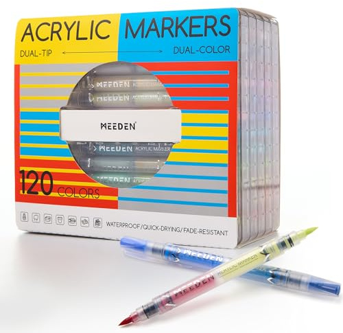 MEEDEN Acrylic Paint Markers Dual Tip: 120 Colors/60 Pcs Brush Tip Acrylic Marker with Automatic Ink Control for Art Supplies - Quick Dry Paint Pens for Rock, Wood, Canvas, Fabric, Glass, Metal