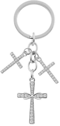 DONWOIE Kreuz Schlüsselanhänger, Taschenanhänger für Damen | Strass Schlüsselband mit Drei Strassbesetzten Kreuz Anhängern, Elegante Schlüsselringe Geschenk für Gläubige