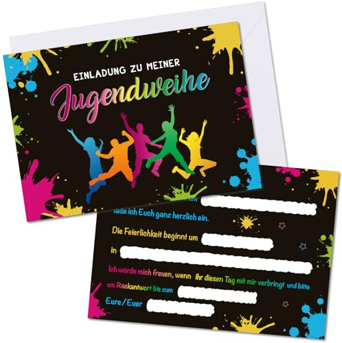 COMOOKA 15 Stück Einladungskarten Jugendweihe + Umschlag A6 Einladungen Jugendweihe Deko für Mädchen Junge Karten Geschenke Bunt
