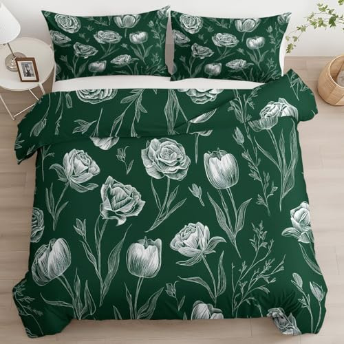 Generico Set copripiumino 240 x 220 cm in biancheria da letto con stampa a motivo Verde Scuro, completo copripiumino reversibile Piante Fiori Tulipano ideale per ragazzi ragazze e bambini
