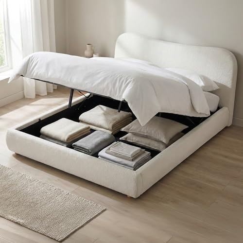 CLP Polsterbett mit Stauraum Maido, Bettgestell für Matratzen, Lattenrost mit Lift-Mechanismus, Doppelbett mit Teddystoff, bis 300 kg, Farbe:Creme, Größe:180x200cm