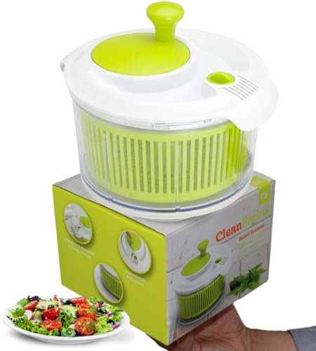Small Salad Spinner with clear serving bowl, colander basket, smart-lock lid, easy drain system, non-slip base. 16cm|6in diam. Washes, dries & dresses lettuce, herbs, vegetables & fruit. Compact.