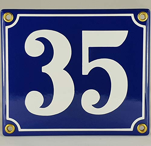 Hausnummer Emaille Schild Nr. 35 Blau-Weiß Handarbeit