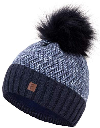 Faera Wintermütze Mütze Damen gefüttert mit Kunstfell Bommelmütze Bommel Fleecefutter Winter Strickmütze Beanie Mädchen