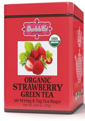 Brew La La Organic Green Tea - Natural Strawberry Flavor - 50 Tea Bag Tin - Low Caffeine - USDA Certified Organic