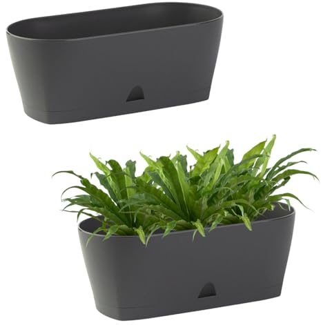 Engelland - 2 x Blumenkasten mit Untersetzer, Anthrazit, Balkonkasten, Pflanztopf, 25 cm, Tischdeko, für Garten, Terrasse, Fensterbank, mit Wasserauffangschale, Innen- & Außenbereich, 1,7 Liter