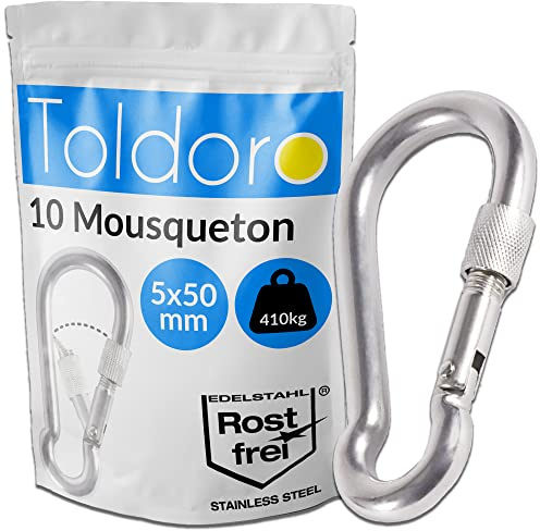 Toldoro® 10x Moschettone acciaio inox con chiusura a vite 50mm / Moschettone multifunzione per altalena, campeggio o slackline/Carabiner/Set di moschettoni piccolo