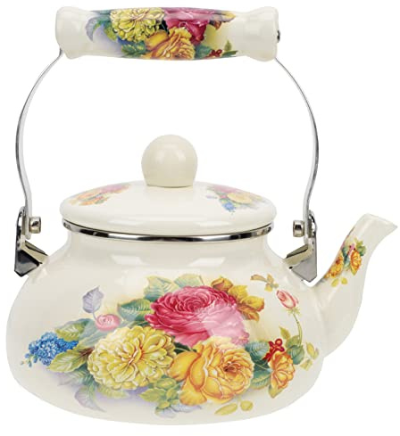 Cabilock Emaille Vintage Wasserkocher Kaffeekanne: 1. 5L Rose Retro Keramik Kanne Induktion Teekocher Wasserkessel Tea Pot Edelstahl Wasserkanne Teekessel Chinesische für Gas E Herd Gasherd