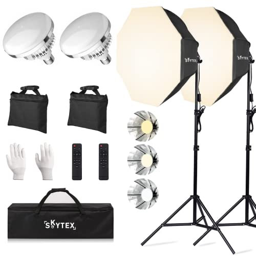 Skytex Octa Softbox Kit de iluminación (2 unidades), Skytex 50.8 x 71.12 cm, octa Soft Box|135 W 2700-6400 K E27 foco LED de iluminación continua, equipo de luces de estudio fotográfico para cámara