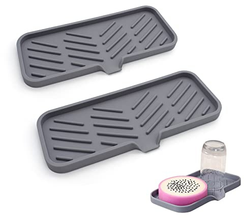 XIACIBDUS Abtropfmatte Silikon, 2 Stück Spülbecken Organizer Schwammhalter für Küche Bad Schwämme Bürsten Spülmaschinenfestes Grau | 2er Set Silikon-Seifenschale,9x3,5x0,5in,Geneigter Boden,Ablauf-Design, BPA-frei,Hitzebeständig,für Schwämme,Bürsten,Seife