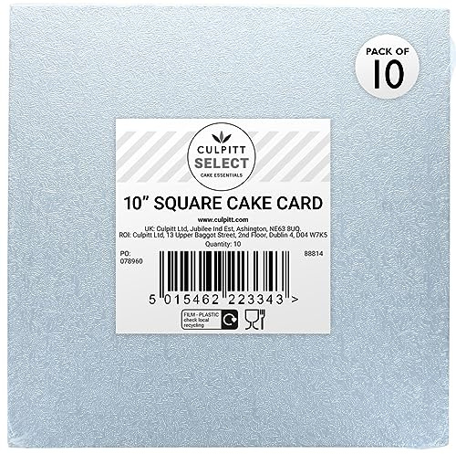 Culpitt Select 10 (25.5cm) Square Cake Cards - 10 Pack | 3mm Double-Thick, Silver Foil Finish, Fits 8 Sponge, Lightweight Yet Strong