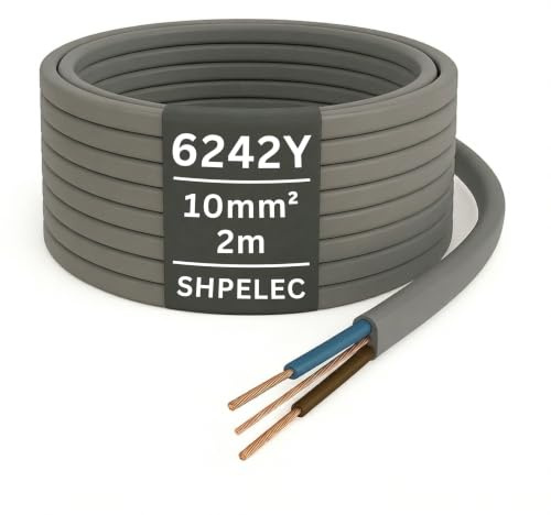 SHPELEC® Electrical Grey Twin and Earth 6242Y Cable - 10mm Mains Socket Ring Twin and Earth 6242Y Cable (10mm, 2m)