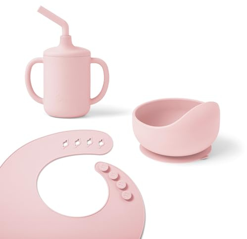 Ergobaby Kindergeschirr-Set Basic für Babys und Kleinkinder ab 6 Monaten, Baby Geschirrset mit Becher, Schale und Lätzchen, ohne BPA, PVC und Phthalaten, Blush Pink