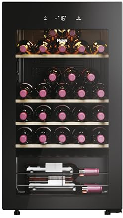 Haier Wine Bank 50 Series 3 HWS34GGH1 - Vinoteca 34 botellas, WIFI, Estantes de madera, Filtro Anti-UV, Filtro de carbón, Filtro de carbón, Display Digital, Iluminación LED, Silenciosa 37 dbA, Negra