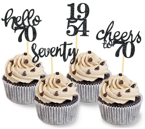24 Pcs Glitter 70th Birthday Cupcake Toppers for Celebrating 70th Birthday Party Decorations for Seventy Years Old Birthday Party Supplies (Black)