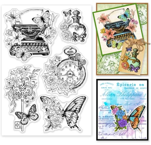 GLOBLELAND Transparente Stempel Mit Vintage Schmetterlingsblumen Für DIY Scrapbooking, Schreibmaschine, Silikonstempel, Siegel, Uhrenschlüssel, Transparente Stempel Für Karten Fotoalbum, 6.3x4.33inch