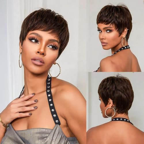 PORSMEER Pixie Cut Perücke Echthaar perücken mit Pony für Frauen, Natürliche Kurze Schwarze Perücke Geschichtet Gewellt Verschiedene Stil Kurze Perücken(Dunkelbraun)