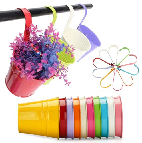 KINGLAKE 10 macetas colgantes de metal de 16 cm con gancho desmontable, macetas de colores para colgar en el jardín, para balcón, valla, barandilla, jardín, decoración del hogar
