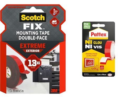 Scotch-Fix Ruban de fixation Extrême pour extérieur, 19mmx5m, 1 rouleau/paquet & Pattex Ni Clou Ni Vis | Ruban adhésif double face ultra fort (rouleau de 1,5 m x 19 mm)